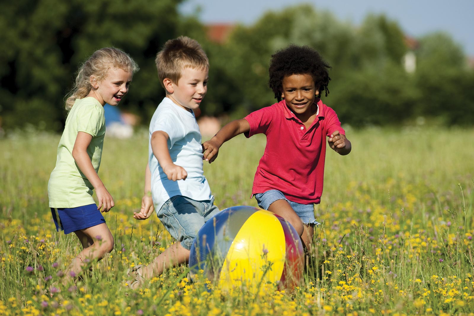 children playing in a field with a beach ball